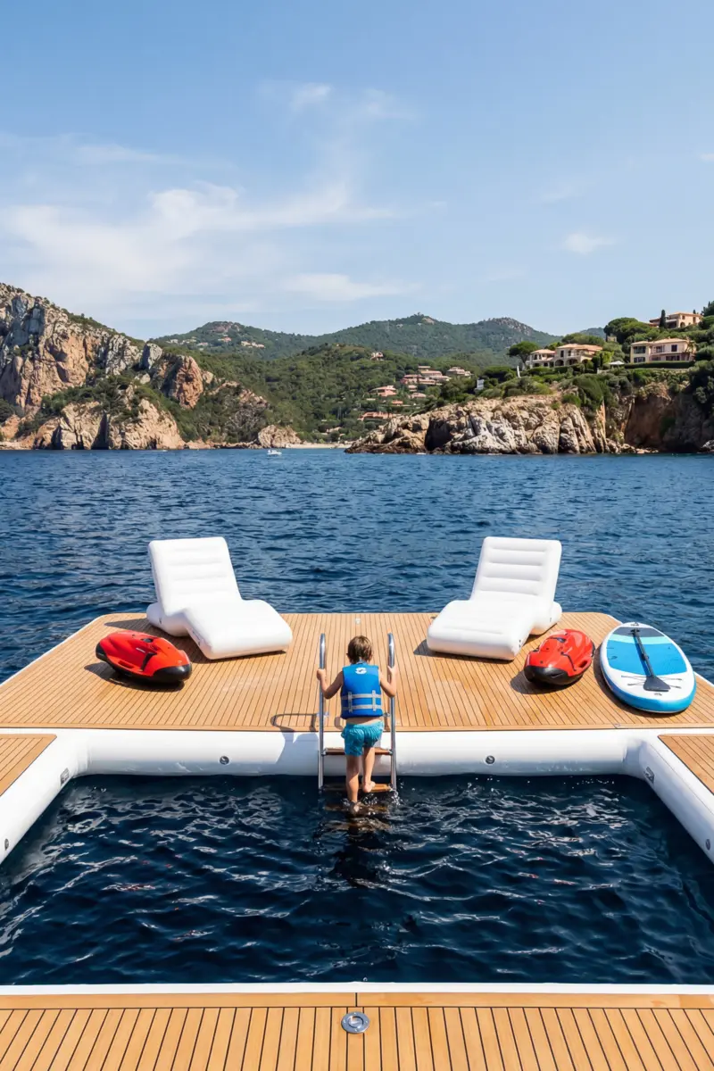 Children swimming in a custom inflatable anti-jellyfish boat pool on a superyacht â€” GSE Inflatables