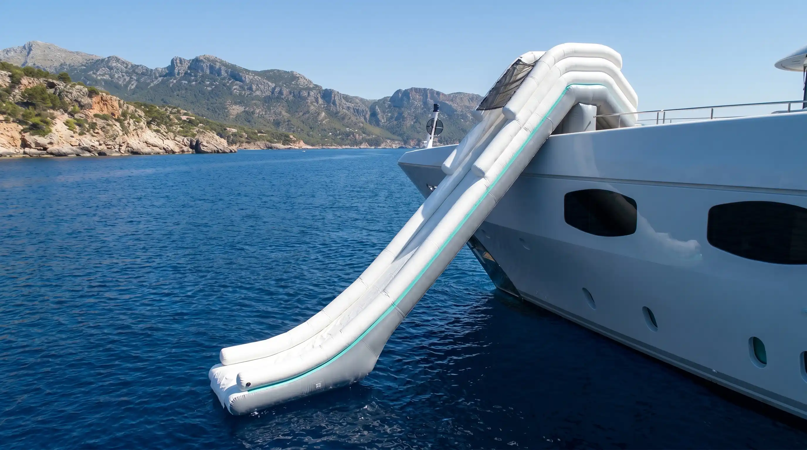 Custom inflatable yacht slide deployed from superyacht at anchor — GSE Inflatables